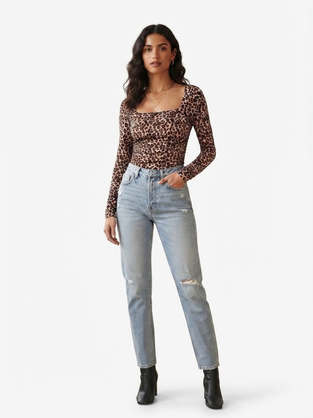 FADED ROSE Leopard Print Square Neck Long Sleeve Bodysuit - Size L NWT